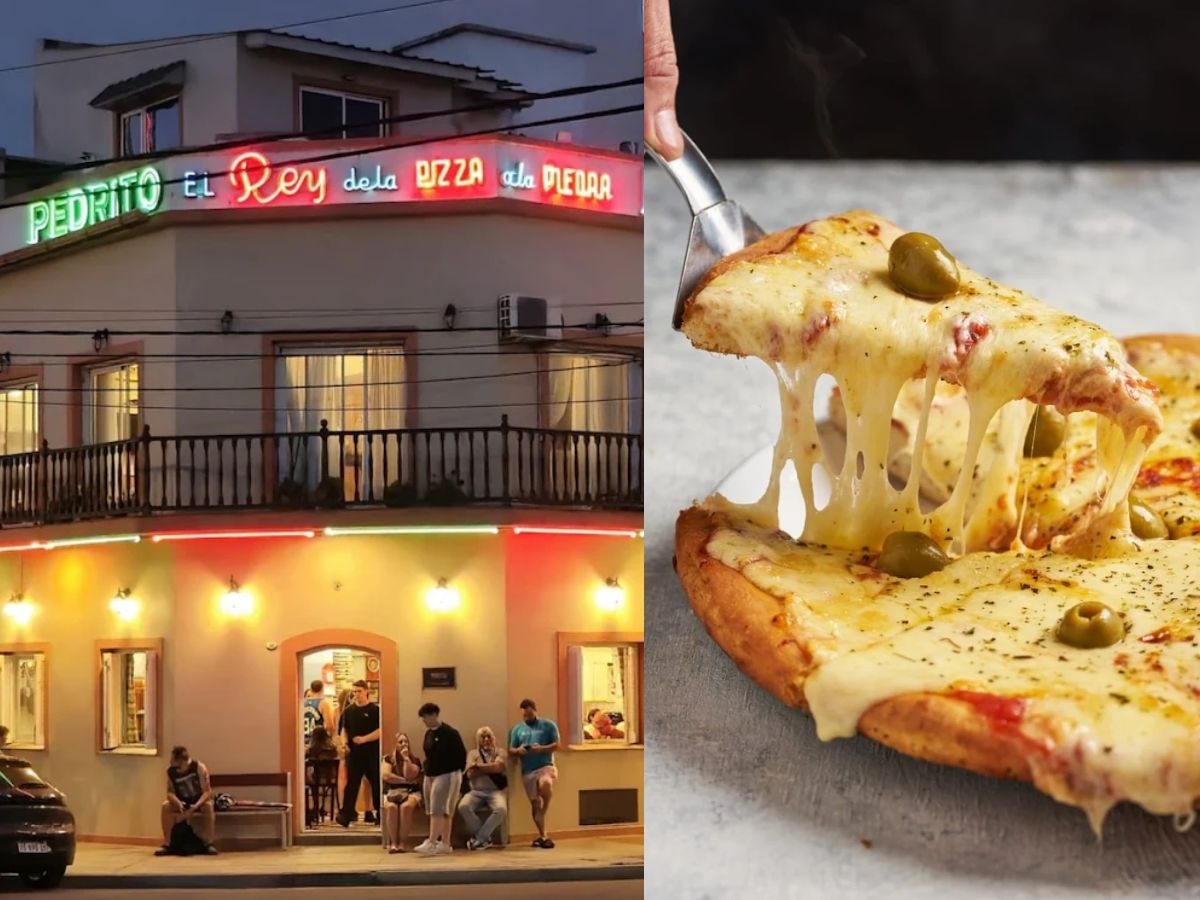 Fachada de Pizzería Pedrito en Mar del Plata con lema El Rey de la Pizza a la Piedra